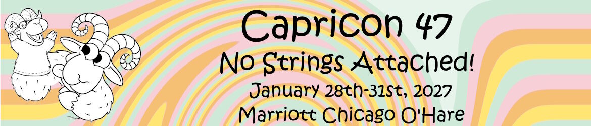 Capricon 47 Logo - No Strings Attached! January 28-31 2027 - Capricious is holding up a puppet in on his hoof that is also a goat